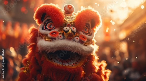 Lion dance street performance. Celebration of Chinese New Year Festival.