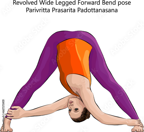 Yoga pose. Parivritta Prasarita Padottanasana. Revolved Wide Legged Forward Bend pose. Intermediate Difficulty. Isolated vector illustration.