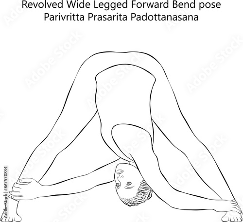Sketch of young woman doing yoga Parivritta Prasarita Padottanasana. Revolved Wide Legged Forward Bend pose. Isolated vector illustration.