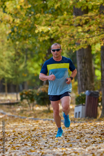 Fototapeta Naklejka Na Ścianę i Meble -  Portrait of a middle-aged man running in the park on an autumn day.