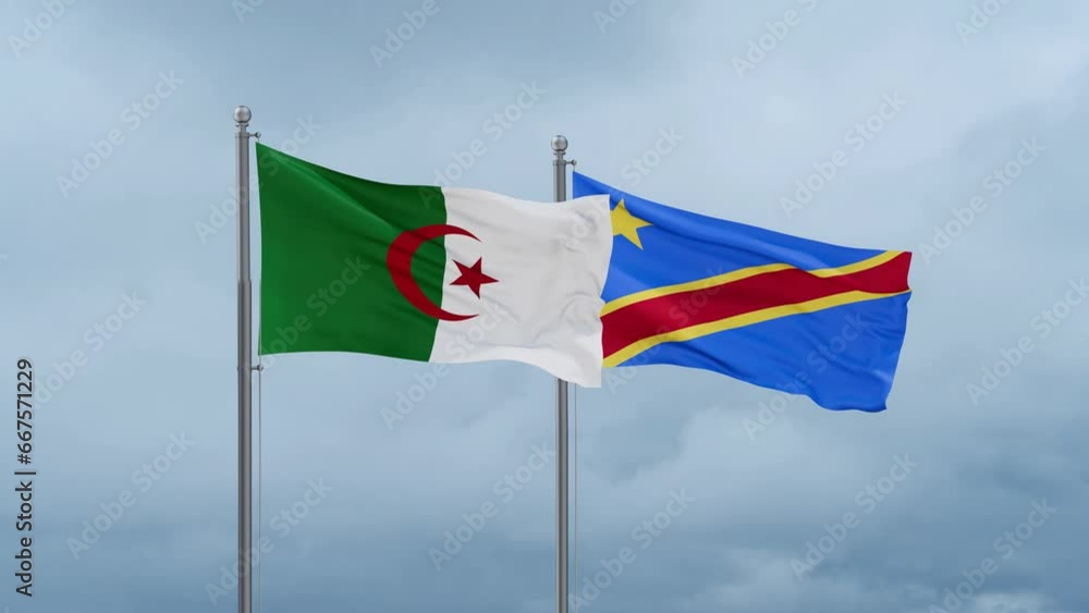 Democratic Republic of the Congo flag and Algeria flag waving together on cloudy sky, endless seamless loop, two country relations concept Democratic Republic of the Congo flag and Algeria flag waving together on cloudy sky, endless seamless loop, two country relations concept