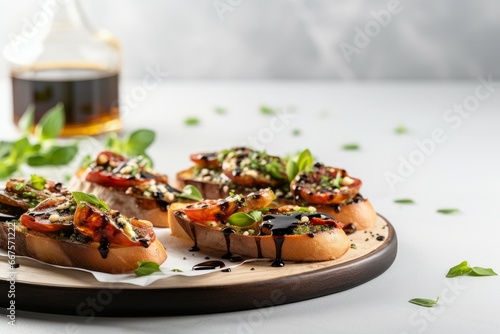 Delicious bruschettas with balsamic vinegar at home dinner. Eat healthy cuisine snack food. Generate Ai