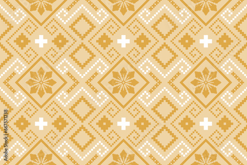 Yellow vintages cross stitch traditional ethnic pattern paisley flower Ikat background abstract Aztec African Indonesian Indian seamless pattern for fabric print cloth dress carpet curtains and sarong
