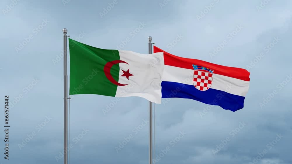 Croatia and Algeria flag waving together on cloudy sky, endless seamless loop, two country cooperation concept Croatia and Algeria flag waving together on cloudy sky, endless seamless loop, two country cooperation concept