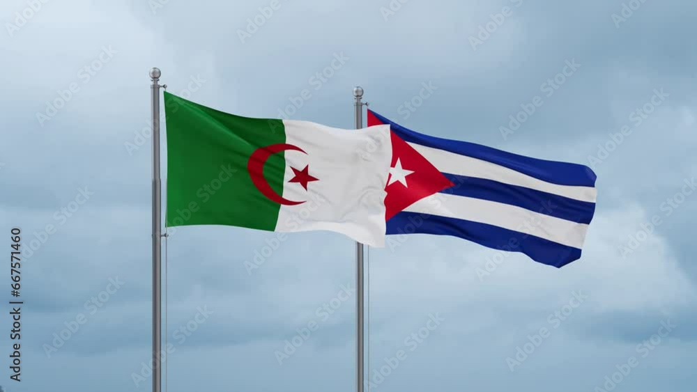 Cuba and Algeria flag waving together on cloudy sky, endless seamless loop, two country cooperation concept Cuba and Algeria flag waving together on cloudy sky, endless seamless loop, two country cooperation concept