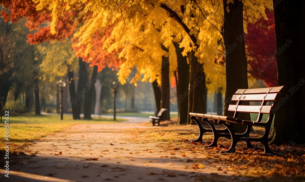 bench in autumn park, Generative AI