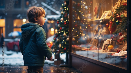 Children at a store window with New Year's toys in winter © alexkich