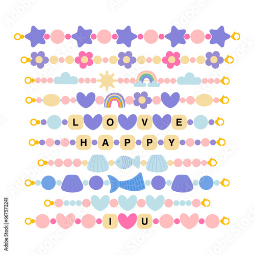 Vector set of plastic beads bracelets. Love funky bracelets with mermaid, stars and shells