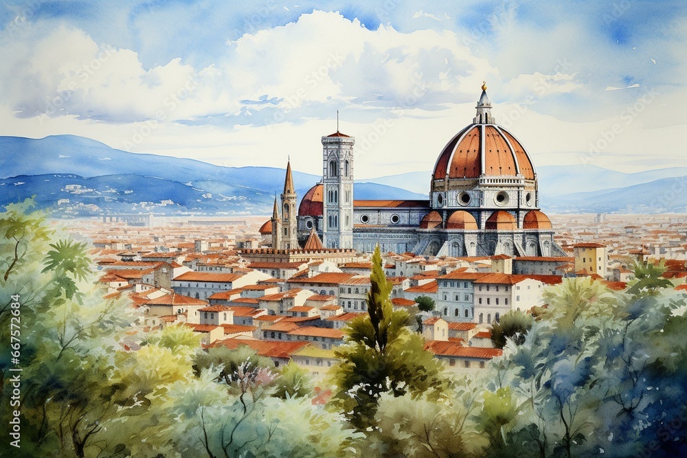A watercolor painting of Florence, Italy showcasing the Santa Maria del Fiore Cathedral from a high vantage point. Generative AI