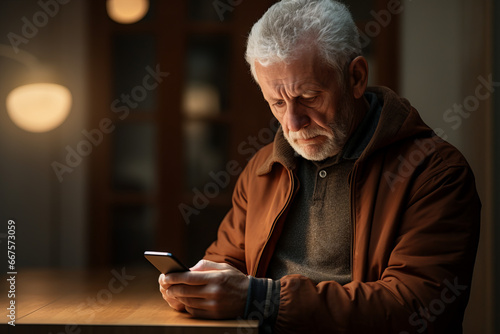 elderly man having trouble seeing mobile phone photo
