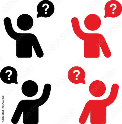 Pixel perfect icon set of person asking question, raising hand, need help, support. Thin line icons, flat vector illustrations. Isolated on white, transparent background