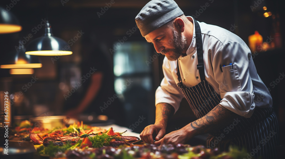 Professional cook in uniform add some spices to dish, decorating delicious meal for guests in hotel restaurant. food, cooking concept