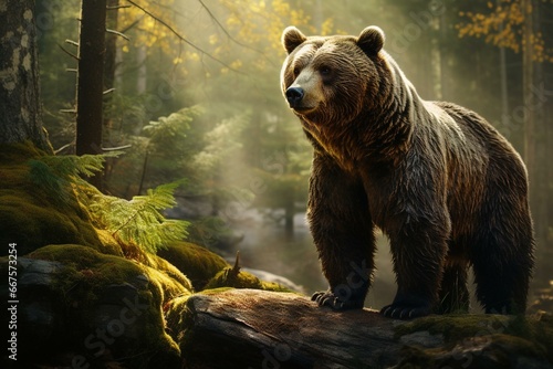 Brown bear in enchanted forest. Generative AI © Thea