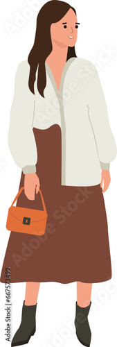 A stylish woman in a skirt and shirt. A happy girl is stylishly dressed. Vector on white background