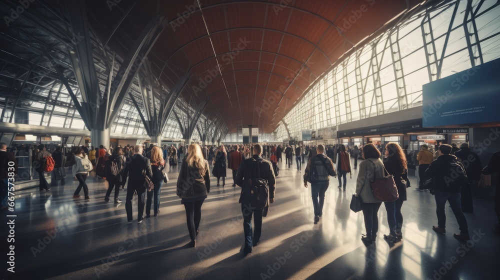 Long exposure shot of crowd of people walking in bright office lobby fast moving with blur. Passengers in airport or train station. Abstract blurred interior space background. Travel concept