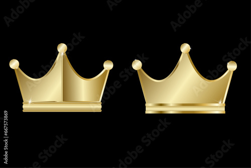 Crown. Set of two gold crowns isolated on a black background. Golden crown icon. Rendering of a golden crown. Vector illustration.