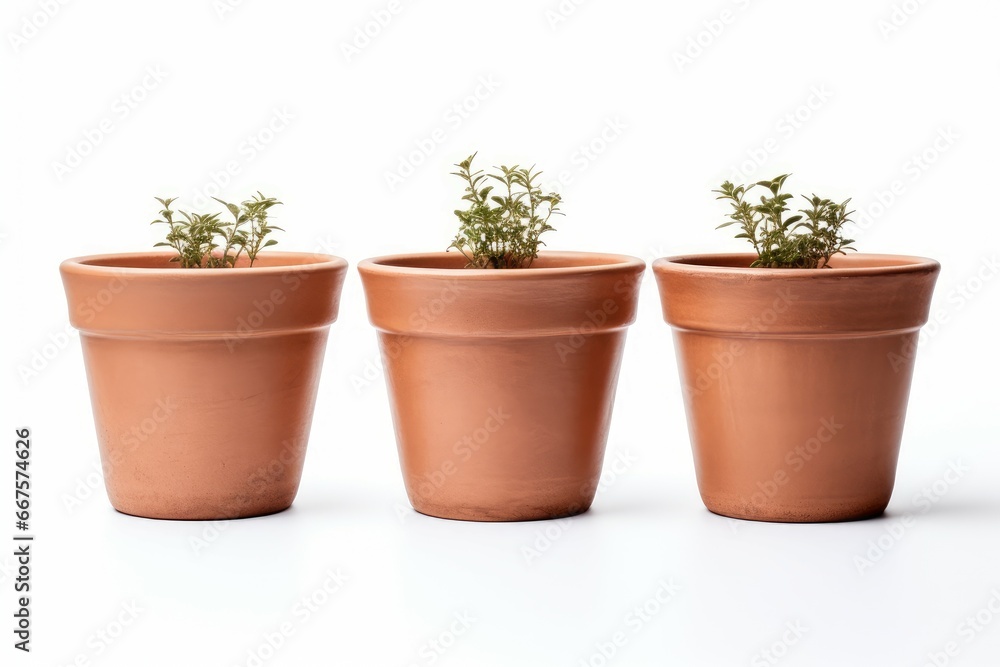 Empty clay flower pots isolated on white. Flower leaf nature plant indoor. Generate Ai