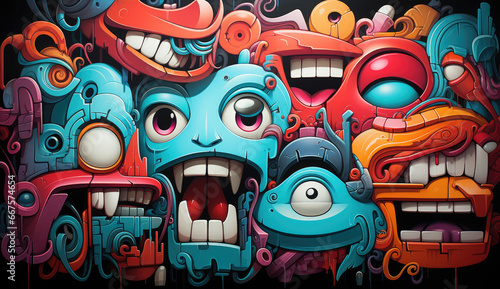 the painting depicts a group of colorful faces  in the style of humorous graffiti