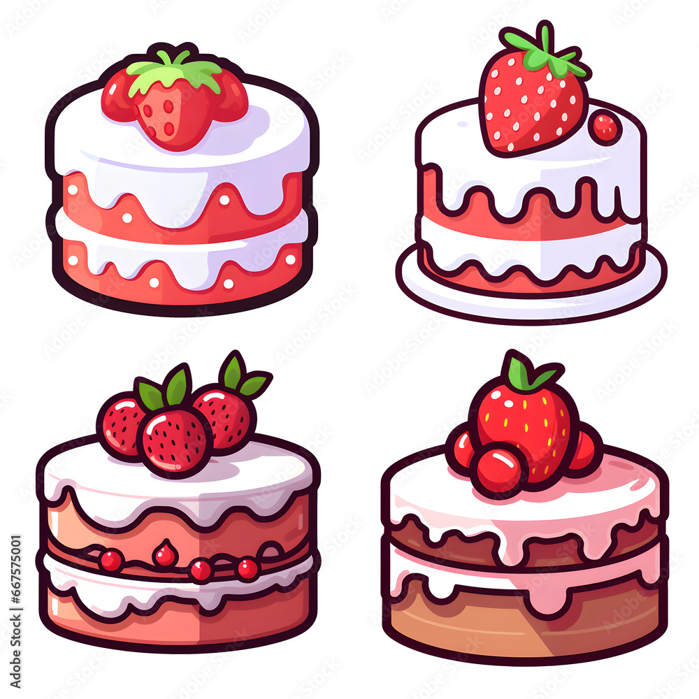 Set of Strawberry sweet cake cute cartoon Vector png isolated background Set of Strawberry sweet cake cute cartoon Vector png isolated background