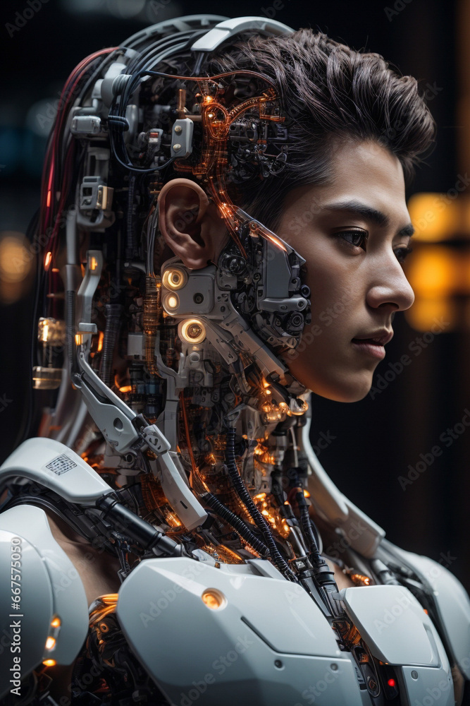 Young man detailed cyborg with mechanisms and wires in head against digital technological background Young man detailed cyborg with mechanisms and wires in head against digital technological background