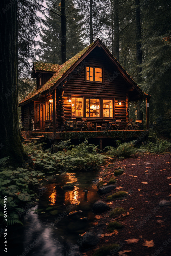 Cozy cabin in the woods on a moody autumn day