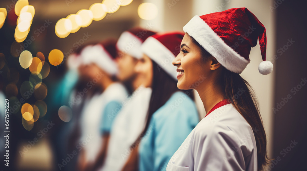 Naklejka premium Young doctors in santa claus hats