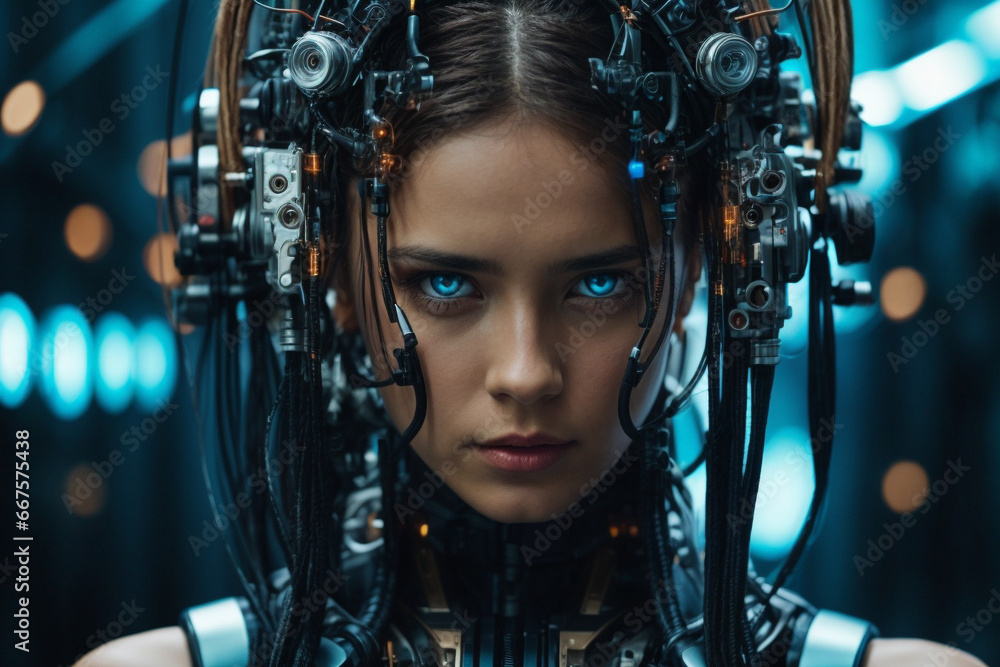 Young female detailed cyborg with mechanisms and wires in head against digital technological background, Cyan eyes Young female detailed cyborg with mechanisms and wires in head against digital technological background, Cyan eyes