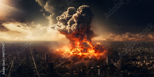 Nuclear Big explosion in the city, Bombed buildings, War conflicts, War disaster concept illustration