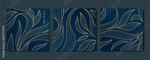 Vector set of abstract luxury golden square cards, post templates for wedding invitation, art deco leaves botanical wallpaper background. Pattern, texture for print, fabric, packaging design