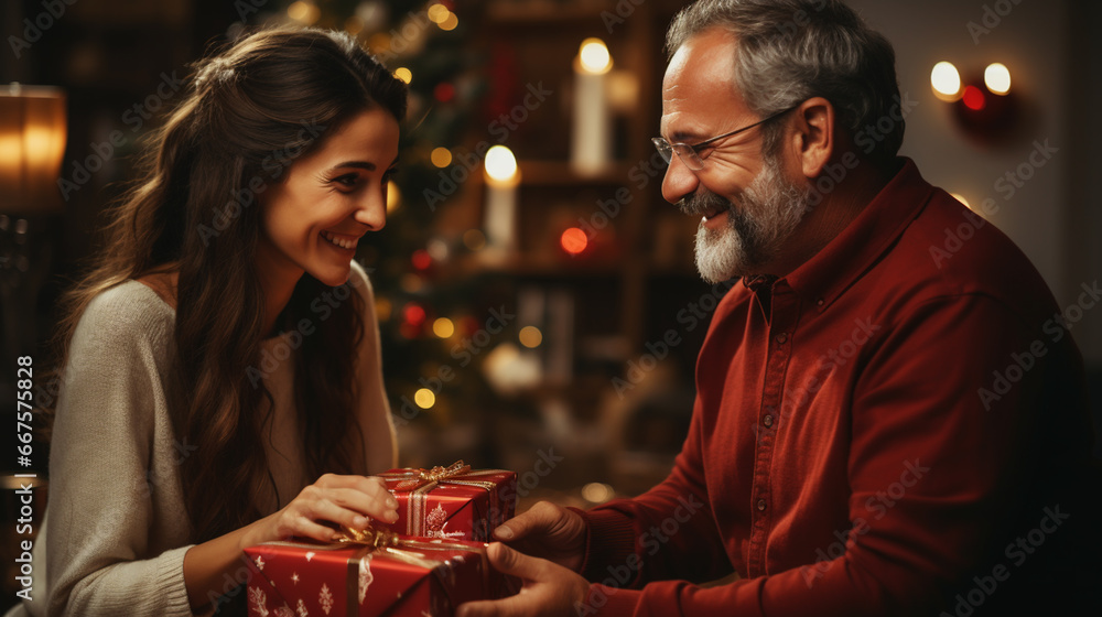 a woman and a man exchanging gifts couple give presents to each other. Making surprise for holiday a woman and a man exchanging gifts couple give presents to each other. Making surprise for holiday