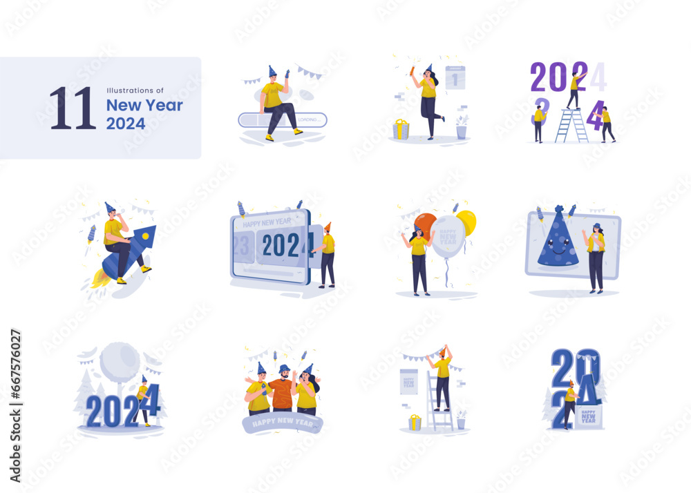 Happy new year 2024 party celebration illustration set