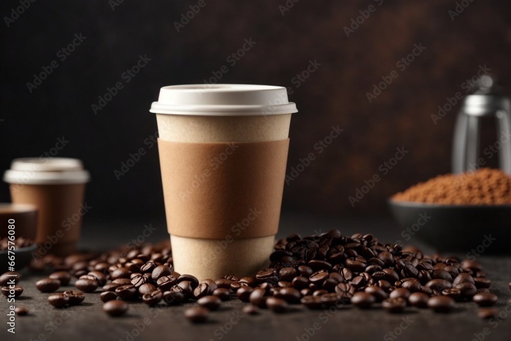Paper cups with coffee beans on table against blurred background. Paper cups with coffee beans on table against blurred background.