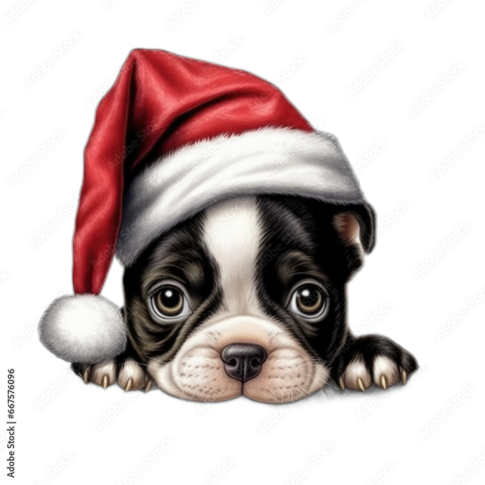 Boston Terrier puppy wearing Santa Hat isolated on transparent background