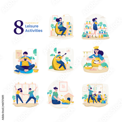 Leisure weekend routine indoor activities illustration set