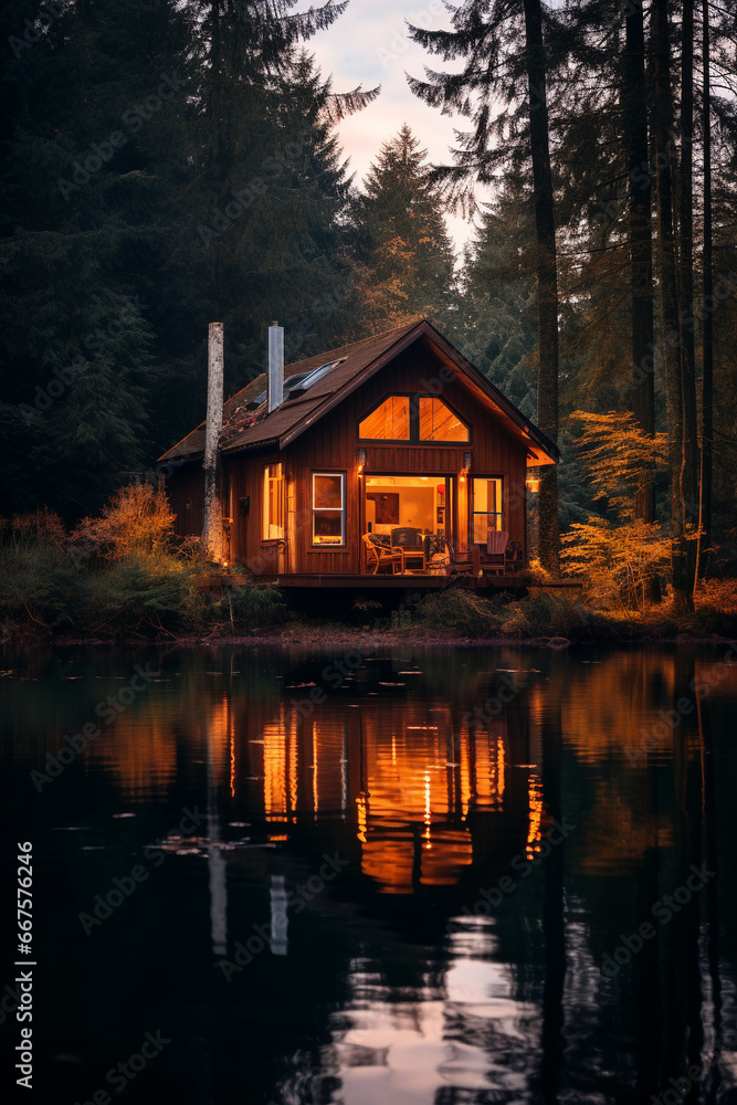Fototapeta premium Cozy cabin in the woods at a lake on a moody autumn day