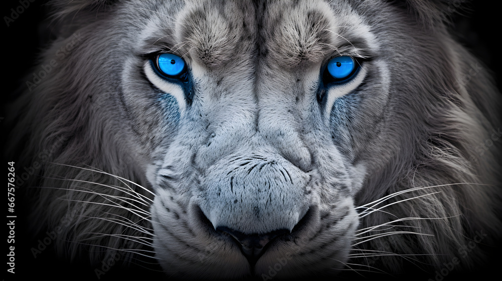 Close up of lion with blue eyes, black and white image - obrazy, fototapety, plakaty 