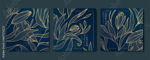 Vector set of abstract luxury golden square cards, post templates for social net, leaves and tulips botanical modern, art deco wallpaper background. Pattern, texture for print, fabric, package design.