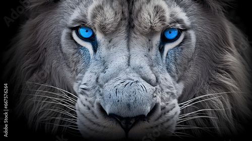 Close up of lion with blue eyes, black and white image photo