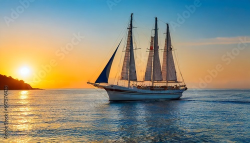 sailing ship at sunset, boat, sea, ai generated 