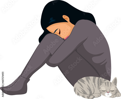 Lonely woman with grey cat vector illustration feeling down and depressed vector concept illustration. Unhappy girl stressed and anxious with pet animal