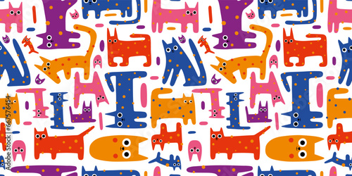 Seamless pattern with cute funny cats, colorful kitten, cartoon style. Trendy modern vector illustration on white background, hand drawn, flat design
