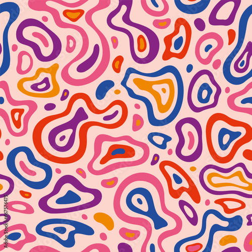 Seamless pattern with abstract fluid shapes, cartoon style. Wavy lines, organic forms. Cells in liquid under a microscope. Trendy modern vector illustration, hand drawn, flat design