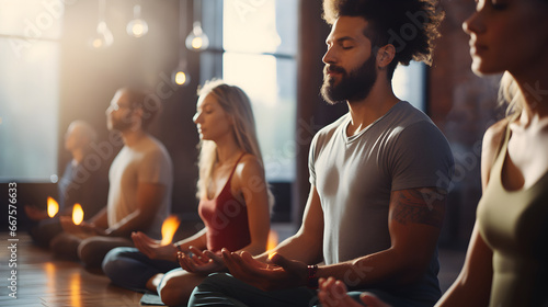 Group of men and women doing meditation yoga breathing exercise photo
