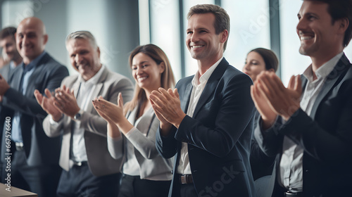 Group of people giving standing ovation in business meeting photo