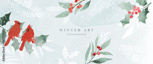 Watercolor winter art background vector illustration. Hand painted natural winter botanical leaf branch with birds and snowfall background. Design for print, decoration, poster, wallpaper, banner.