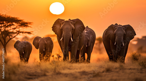 Herd of elephants walking in the jungle on a dry grass field at sunset © Trendy Graphics