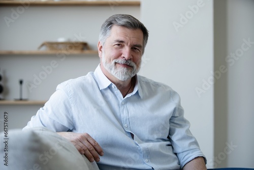Portrait of happy mature man sitting on sofa at home.