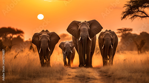 Herd of elephants walking on a dry grass field at sunset