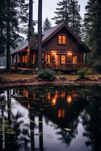 Cozy cabin in the woods at a lake on a moody autumn day