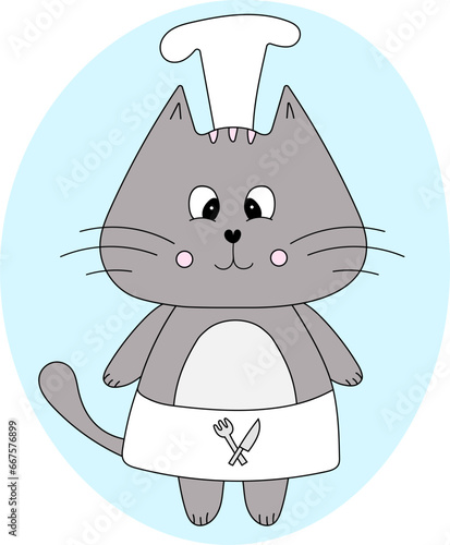  Cute cat chef character with in cartoon style. Vector illustration for design pet food, logo cafe or restaraunt advertising 